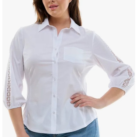Women’s Zac & Rachel 3/4 Sleeve Lace Shoulder Casual Button Down Blouse - Picture 1 of 3